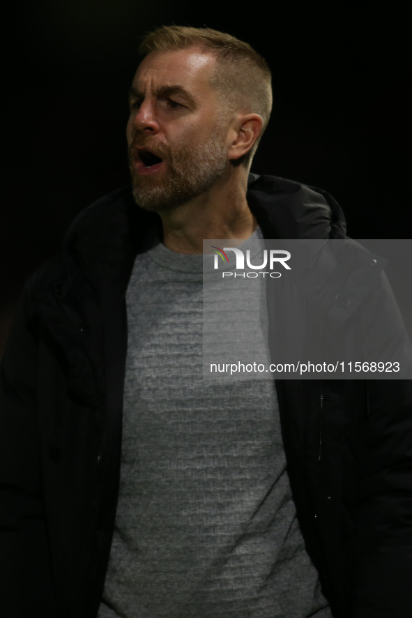 Harrogate Town Manager Simon Weaver during the Sky Bet League 2 match between Harrogate Town and Doncaster Rovers at Wetherby Road in Harrog...