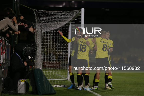 Ellis Taylor celebrates his goal during the Sky Bet League 2 match between Harrogate Town and Doncaster Rovers at Wetherby Road in Harrogate...