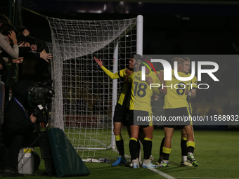 Ellis Taylor celebrates his goal during the Sky Bet League 2 match between Harrogate Town and Doncaster Rovers at Wetherby Road in Harrogate...