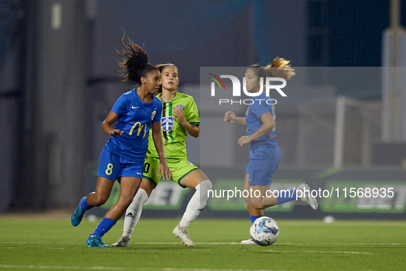 Luana Vitoria Lourenco Cabral (L) of Birkirkara is in action during the UEFA Women's Champions League First qualifying round, Semi-finals CP...