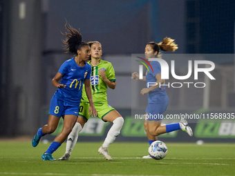 Luana Vitoria Lourenco Cabral (L) of Birkirkara is in action during the UEFA Women's Champions League First qualifying round, Semi-finals CP...