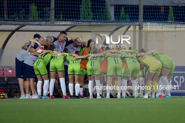 Women soccer players from Breznica huddle prior to the UEFA Women's Champions League First qualifying round, Semi-finals CP-Group 4 soccer m...