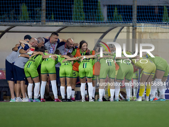 Women soccer players from Breznica huddle prior to the UEFA Women's Champions League First qualifying round, Semi-finals CP-Group 4 soccer m...