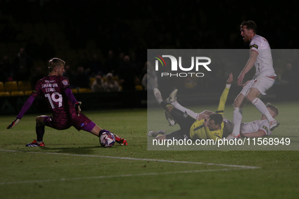 Josh March scores Harrogate Town's second goal during the Sky Bet League 2 match between Harrogate Town and Doncaster Rovers at Wetherby Roa...