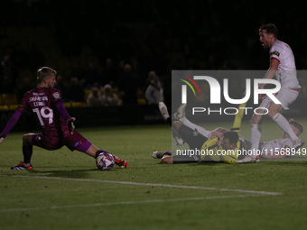 Josh March scores Harrogate Town's second goal during the Sky Bet League 2 match between Harrogate Town and Doncaster Rovers at Wetherby Roa...