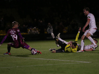 Josh March scores Harrogate Town's second goal during the Sky Bet League 2 match between Harrogate Town and Doncaster Rovers at Wetherby Roa...