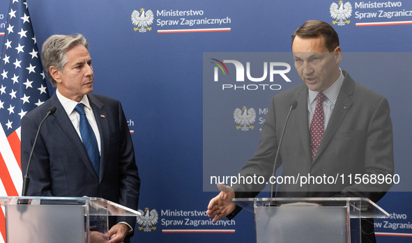 Antony Blinken U.S Secretary of State and Radoslaw Sikorski Polish Minister of Foreign Affairs during press conference in Warsaw, Poland on...