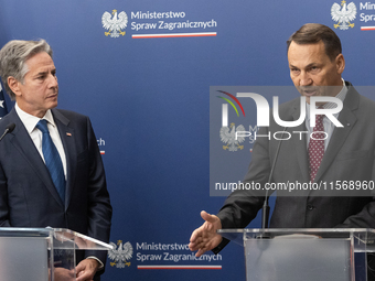 Antony Blinken U.S Secretary of State and Radoslaw Sikorski Polish Minister of Foreign Affairs during press conference in Warsaw, Poland on...