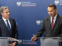 Antony Blinken U.S Secretary of State and Radoslaw Sikorski Polish Minister of Foreign Affairs during press conference in Warsaw, Poland on...