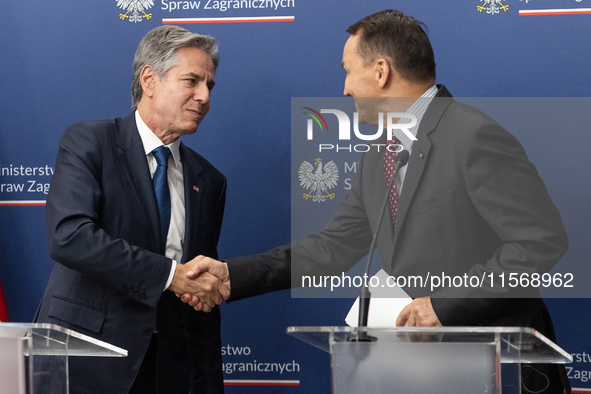 Antony Blinken U.S Secretary of State and Radoslaw Sikorski Polish Minister of Foreign Affairs during press conference in Warsaw, Poland on...