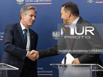 Antony Blinken U.S Secretary of State and Radoslaw Sikorski Polish Minister of Foreign Affairs during press conference in Warsaw, Poland on...