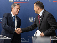 Antony Blinken U.S Secretary of State and Radoslaw Sikorski Polish Minister of Foreign Affairs during press conference in Warsaw, Poland on...