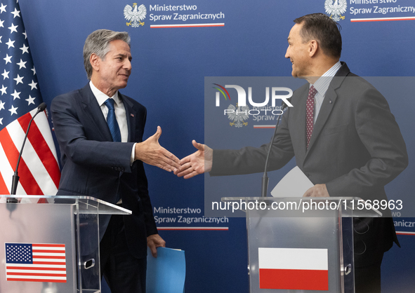 Antony Blinken U.S Secretary of State and Radoslaw Sikorski Polish Minister of Foreign Affairs during press conference in Warsaw, Poland on...