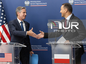 Antony Blinken U.S Secretary of State and Radoslaw Sikorski Polish Minister of Foreign Affairs during press conference in Warsaw, Poland on...