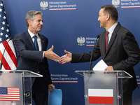 Antony Blinken U.S Secretary of State and Radoslaw Sikorski Polish Minister of Foreign Affairs during press conference in Warsaw, Poland on...