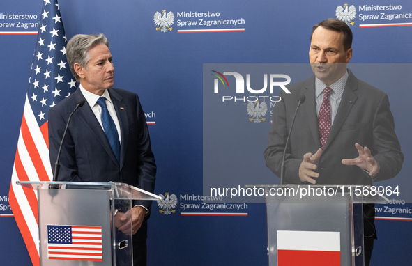 Antony Blinken U.S Secretary of State and Radoslaw Sikorski Polish Minister of Foreign Affairs during press conference in Warsaw, Poland on...