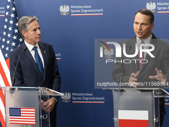 Antony Blinken U.S Secretary of State and Radoslaw Sikorski Polish Minister of Foreign Affairs during press conference in Warsaw, Poland on...