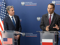 Antony Blinken U.S Secretary of State and Radoslaw Sikorski Polish Minister of Foreign Affairs during press conference in Warsaw, Poland on...