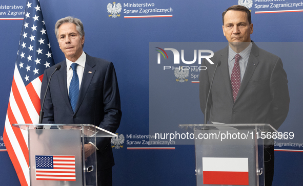 Antony Blinken U.S Secretary of State and Radoslaw Sikorski Polish Minister of Foreign Affairs during press conference in Warsaw, Poland on...