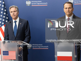 Antony Blinken U.S Secretary of State and Radoslaw Sikorski Polish Minister of Foreign Affairs during press conference in Warsaw, Poland on...