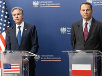 Antony Blinken U.S Secretary of State and Radoslaw Sikorski Polish Minister of Foreign Affairs during press conference in Warsaw, Poland on...