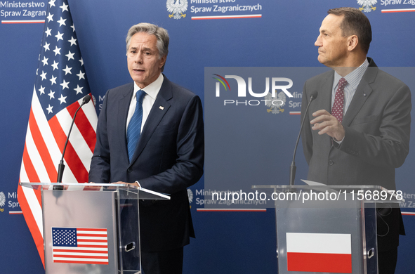 Antony Blinken U.S Secretary of State and Radoslaw Sikorski Polish Minister of Foreign Affairs during press conference in Warsaw, Poland on...