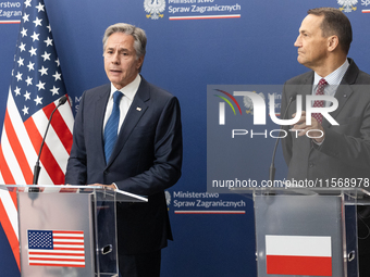 Antony Blinken U.S Secretary of State and Radoslaw Sikorski Polish Minister of Foreign Affairs during press conference in Warsaw, Poland on...