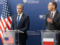 Antony Blinken U.S Secretary of State and Radoslaw Sikorski Polish Minister of Foreign Affairs during press conference in Warsaw, Poland on...