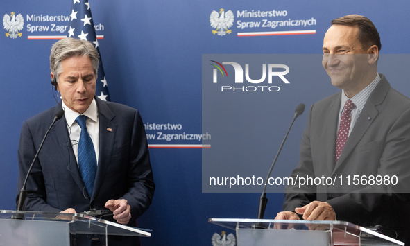 Antony Blinken U.S Secretary of State and Radoslaw Sikorski Polish Minister of Foreign Affairs during press conference in Warsaw, Poland on...