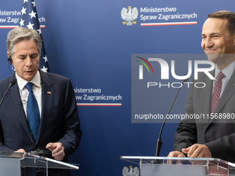 Antony Blinken U.S Secretary of State and Radoslaw Sikorski Polish Minister of Foreign Affairs during press conference in Warsaw, Poland on...