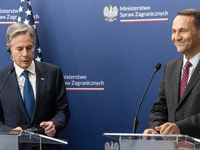 Antony Blinken U.S Secretary of State and Radoslaw Sikorski Polish Minister of Foreign Affairs during press conference in Warsaw, Poland on...