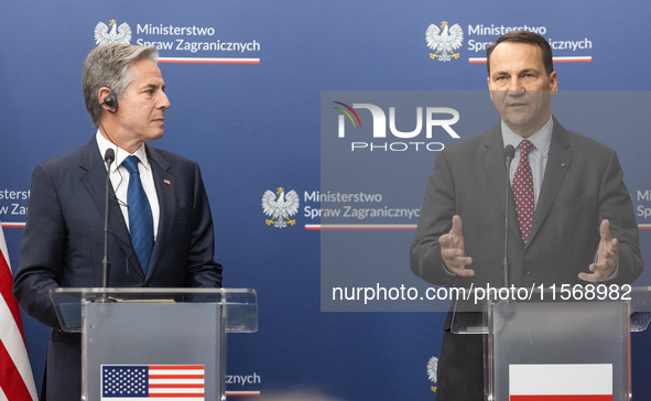 Antony Blinken U.S Secretary of State and Radoslaw Sikorski Polish Minister of Foreign Affairs during press conference in Warsaw, Poland on...