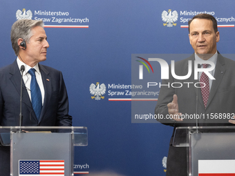 Antony Blinken U.S Secretary of State and Radoslaw Sikorski Polish Minister of Foreign Affairs during press conference in Warsaw, Poland on...