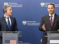 Antony Blinken U.S Secretary of State and Radoslaw Sikorski Polish Minister of Foreign Affairs during press conference in Warsaw, Poland on...