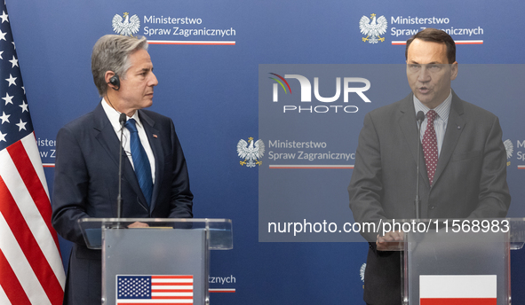 Antony Blinken U.S Secretary of State and Radoslaw Sikorski Polish Minister of Foreign Affairs during press conference in Warsaw, Poland on...