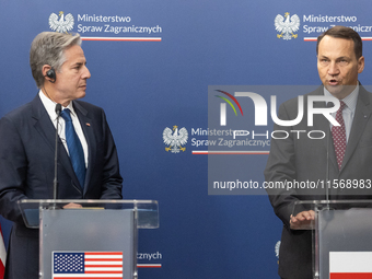 Antony Blinken U.S Secretary of State and Radoslaw Sikorski Polish Minister of Foreign Affairs during press conference in Warsaw, Poland on...