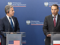 Antony Blinken U.S Secretary of State and Radoslaw Sikorski Polish Minister of Foreign Affairs during press conference in Warsaw, Poland on...