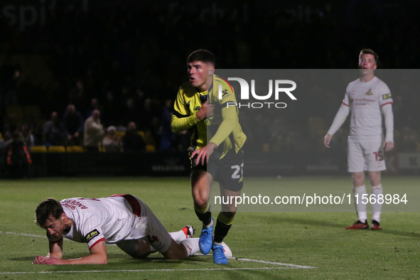 Ellis Taylor celebrates his goal during the Sky Bet League 2 match between Harrogate Town and Doncaster Rovers at Wetherby Road in Harrogate...