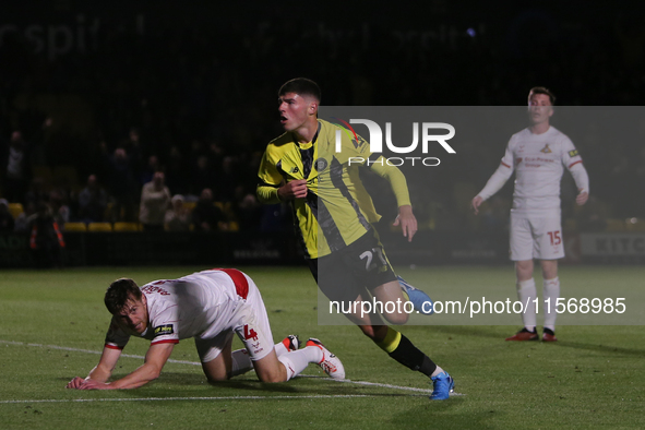 Ellis Taylor celebrates his goal during the Sky Bet League 2 match between Harrogate Town and Doncaster Rovers at Wetherby Road in Harrogate...