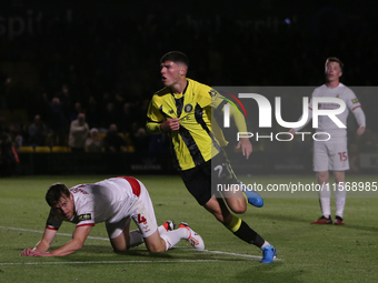 Ellis Taylor celebrates his goal during the Sky Bet League 2 match between Harrogate Town and Doncaster Rovers at Wetherby Road in Harrogate...