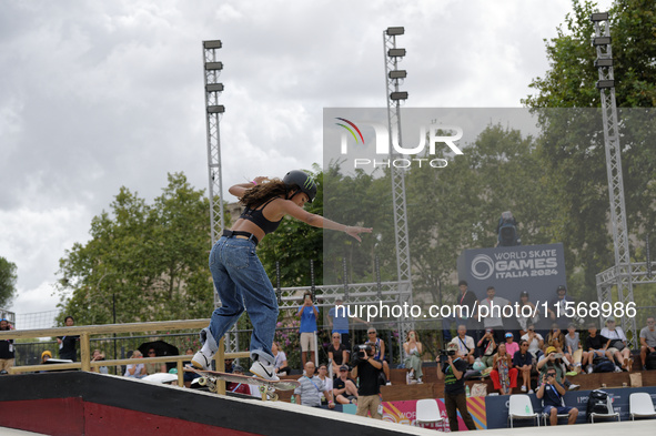 Rayssa Leal from Brazil participates in the Women's Quarterfinals during the World Skate Games in Rome, Italy, on September 12, 2024. 