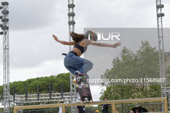 Rayssa Leal from Brazil participates in the Women's Quarterfinals during the World Skate Games in Rome, Italy, on September 12, 2024. 