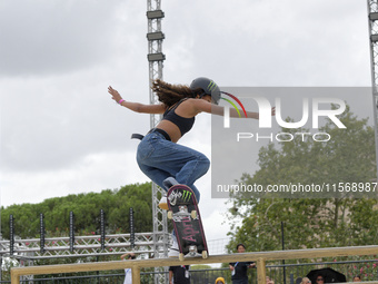 Rayssa Leal from Brazil participates in the Women's Quarterfinals during the World Skate Games in Rome, Italy, on September 12, 2024. (