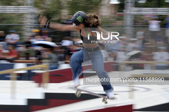 Rayssa Leal from Brazil participates in the Women's Quarterfinals during the World Skate Games in Rome, Italy, on September 12, 2024. 