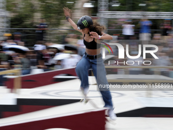 Rayssa Leal from Brazil participates in the Women's Quarterfinals during the World Skate Games in Rome, Italy, on September 12, 2024. (