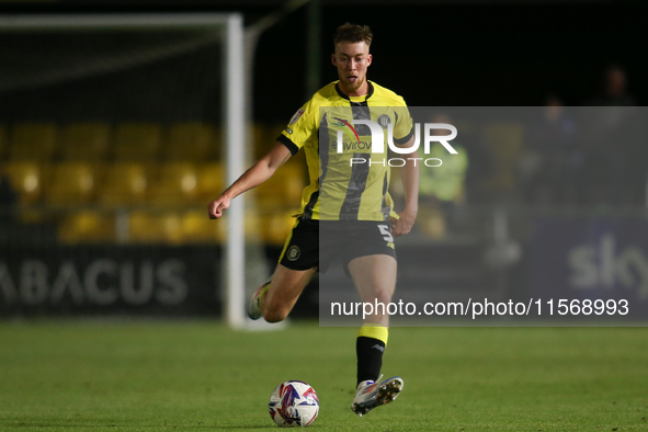 Jesper Moon of Harrogate Town during the Sky Bet League 2 match between Harrogate Town and Doncaster Rovers at Wetherby Road in Harrogate, E...