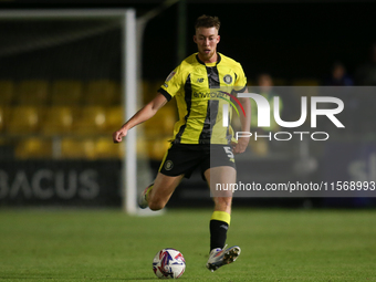 Jesper Moon of Harrogate Town during the Sky Bet League 2 match between Harrogate Town and Doncaster Rovers at Wetherby Road in Harrogate, E...