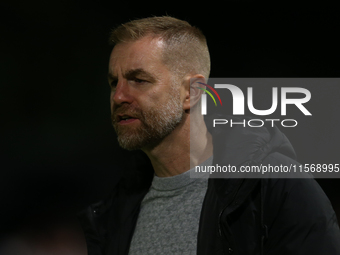 Harrogate Town Manager Simon Weaver during the Sky Bet League 2 match between Harrogate Town and Doncaster Rovers at Wetherby Road in Harrog...