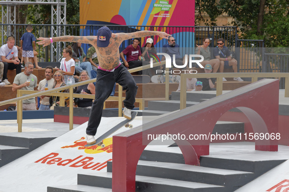 Gustavo Ribeiro, from Portugal, during the World Skate Games Italia 2024, Men's Quarterfinal underway in Rome, Italy, on September 12, 2024 