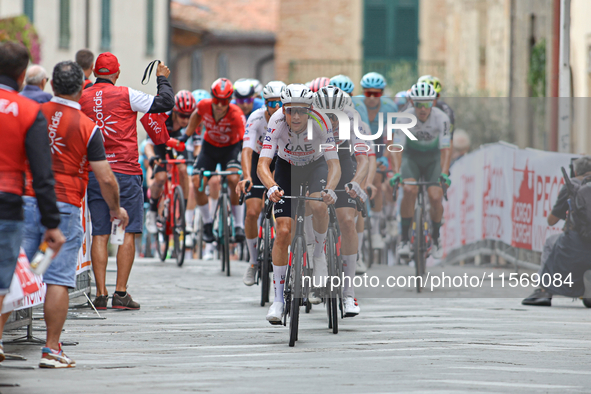 The UAE team stands in front of the group cycling during the 72nd Tour of Tuscany, Coppa Sabatini, in Peccioli, Italy, on September 12, 2024...